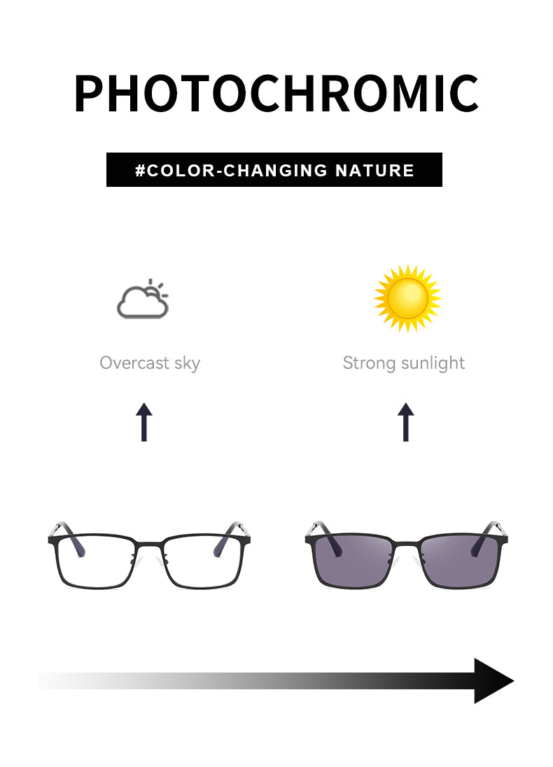 Rectangle Metal Spring Hinge Photochromic Anti Blue Light UV400 Sunglasses