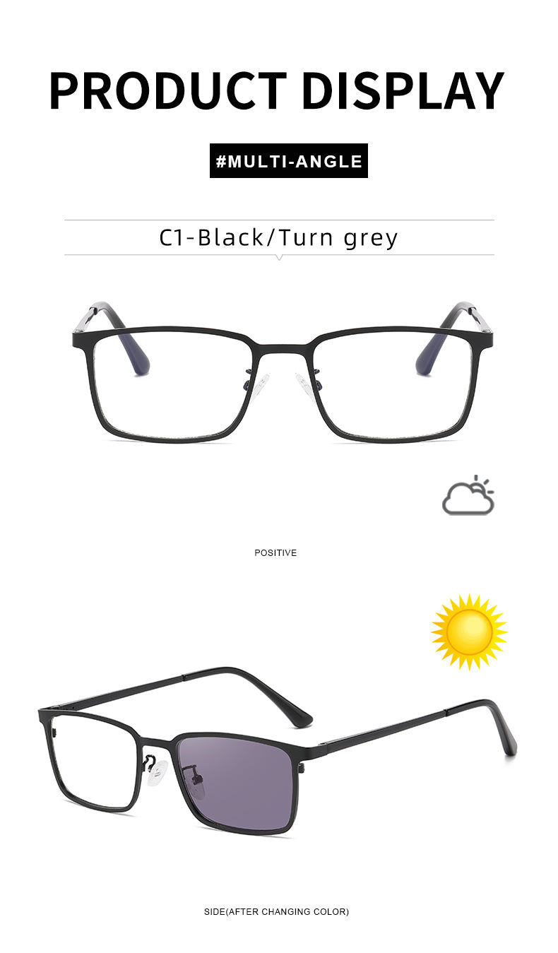 Rectangle Metal Spring Hinge Photochromic Anti Blue Light UV400 Sunglasses