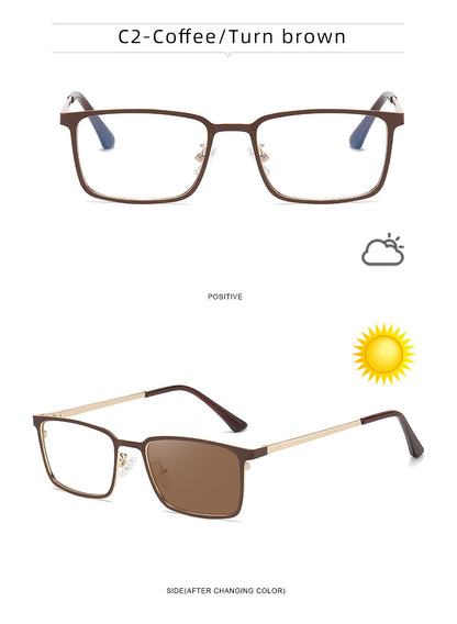 Rectangle Metal Spring Hinge Photochromic Anti Blue Light UV400 Sunglasses