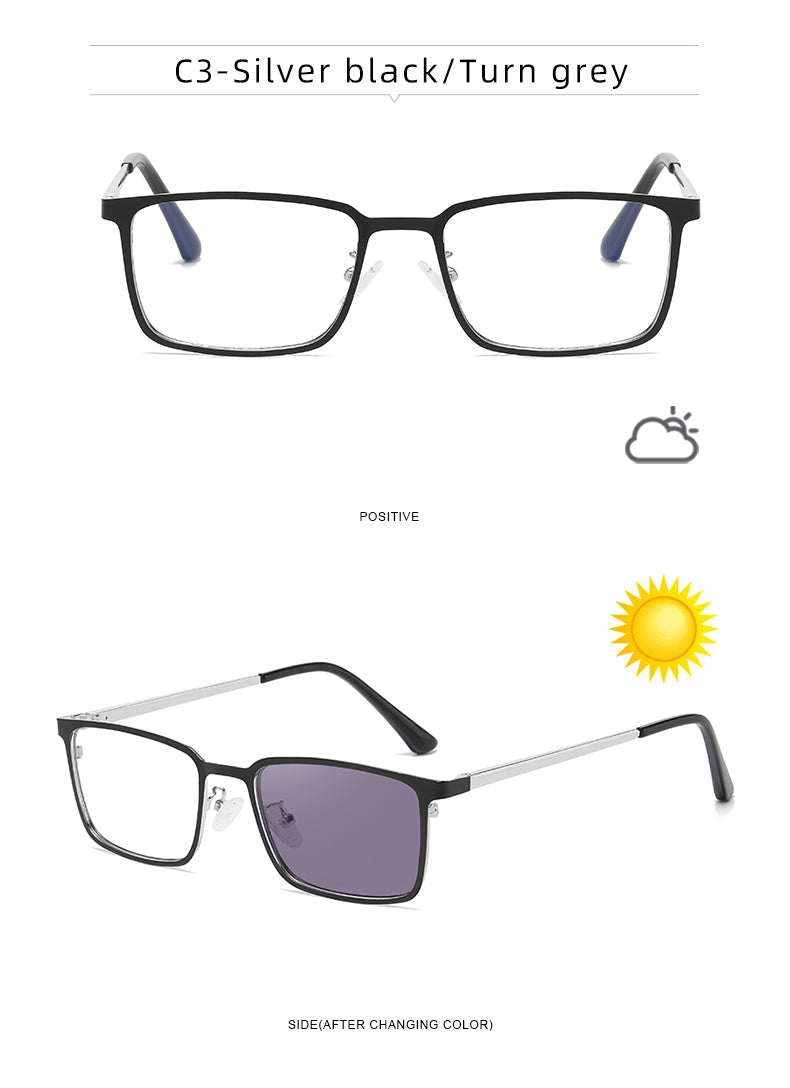 Rectangle Metal Spring Hinge Photochromic Anti Blue Light UV400 Sunglasses