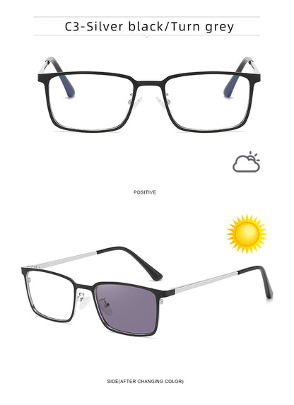 Rectangle Metal Spring Hinge Photochromic Anti Blue Light UV400 Sunglasses