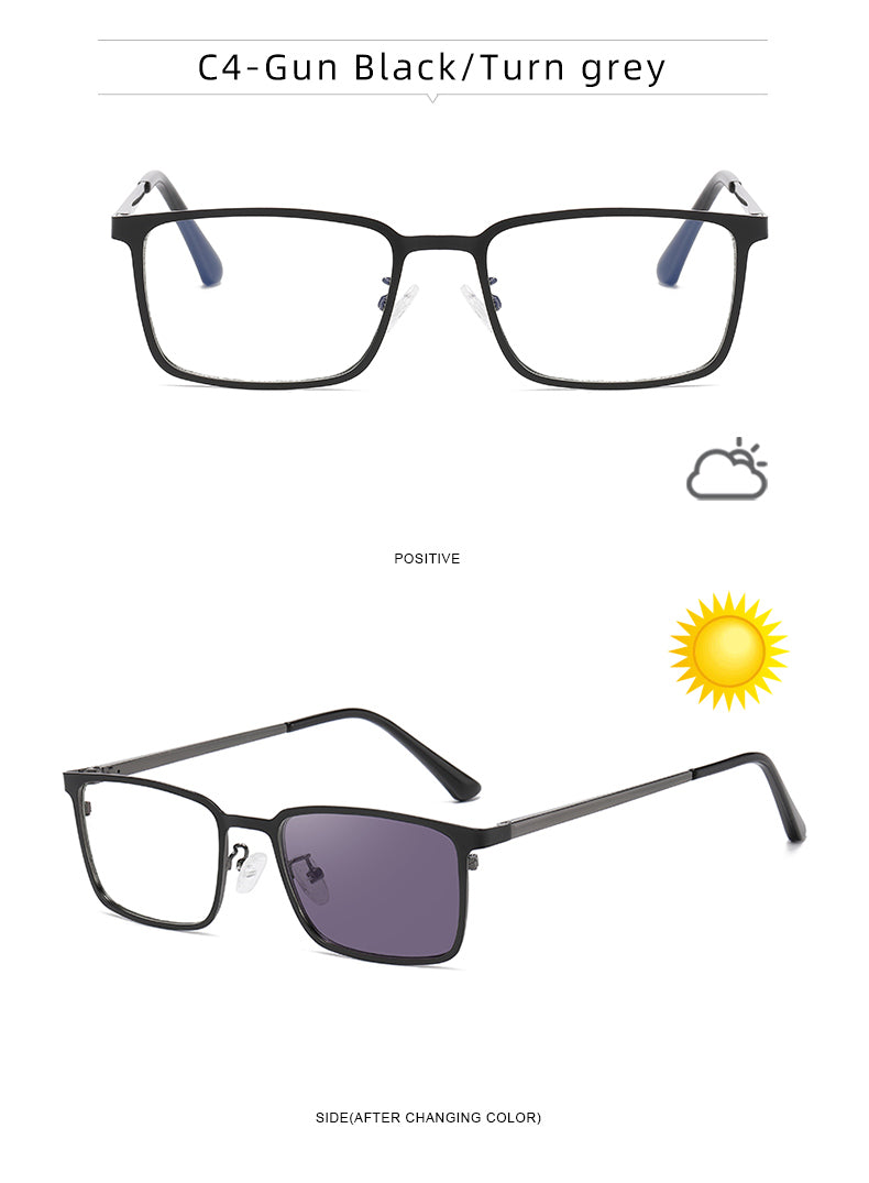 Rectangle Metal Spring Hinge Photochromic Anti Blue Light UV400 Sunglasses