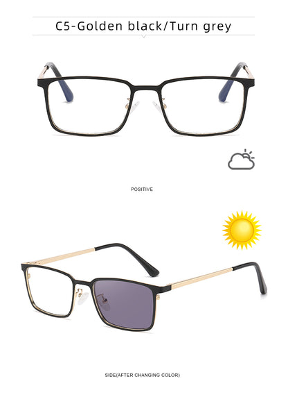 Rectangle Metal Spring Hinge Photochromic Anti Blue Light UV400 Sunglasses