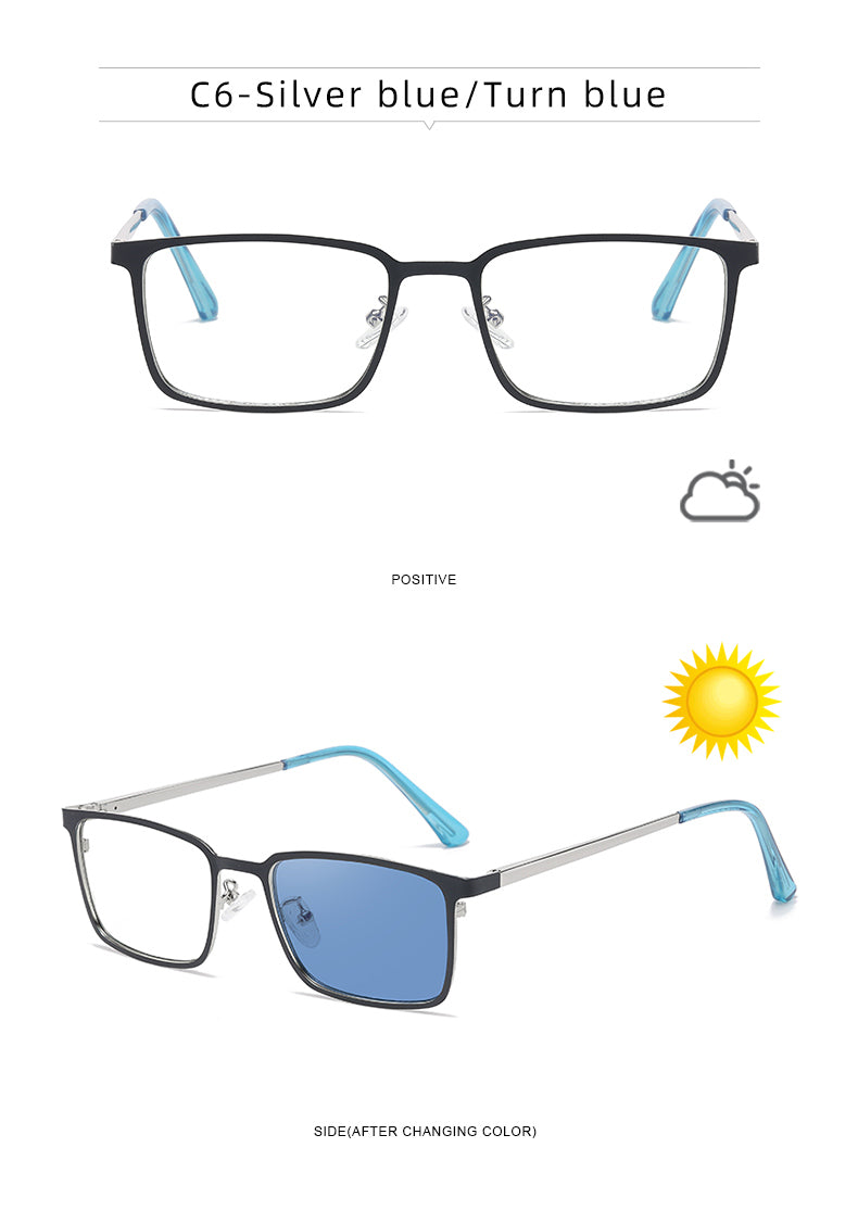 Rectangle Metal Spring Hinge Photochromic Anti Blue Light UV400 Sunglasses