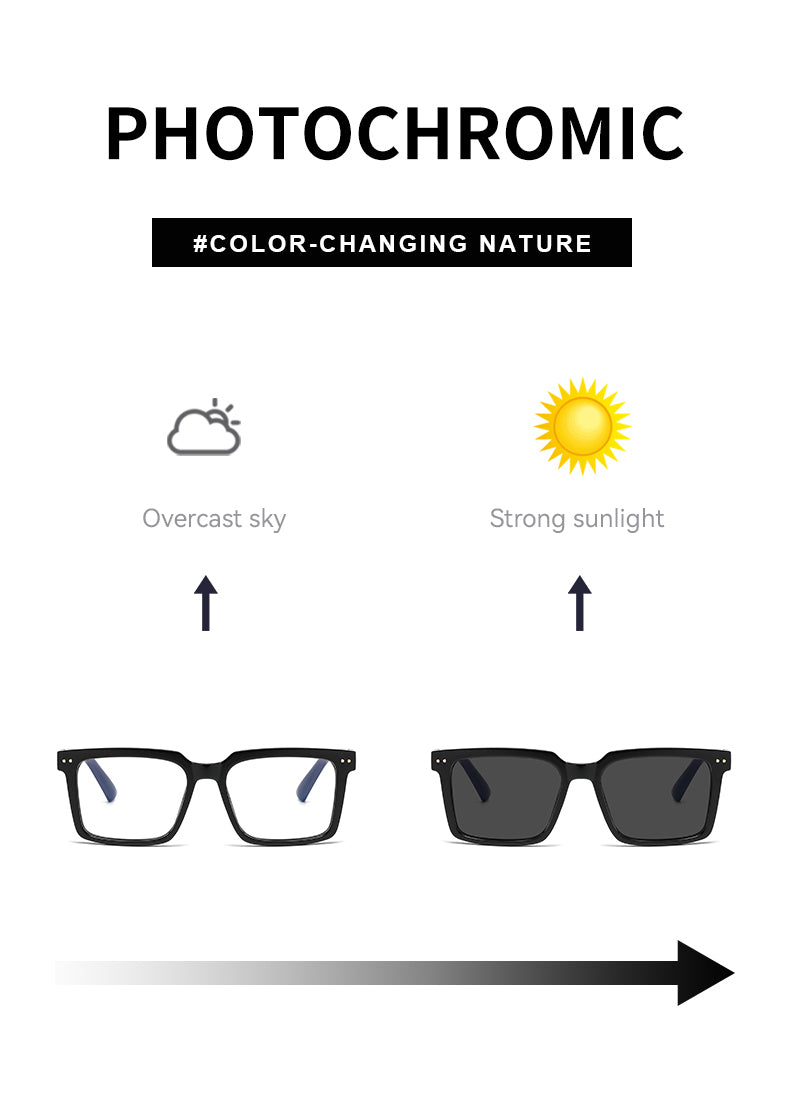 Square Photochromic Spring Hinge Anti Blue Light UV400 Protection Sunglasses