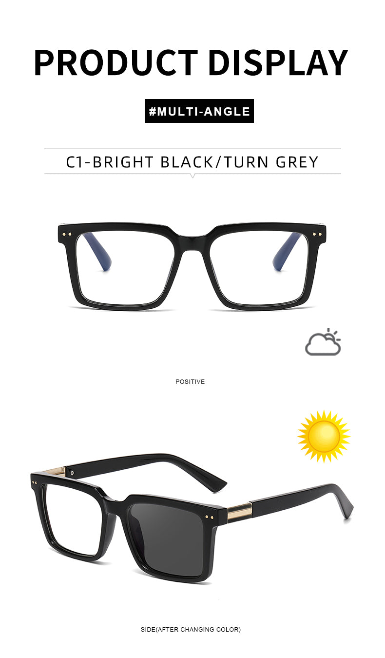 Square Photochromic Spring Hinge Anti Blue Light UV400 Protection Sunglasses