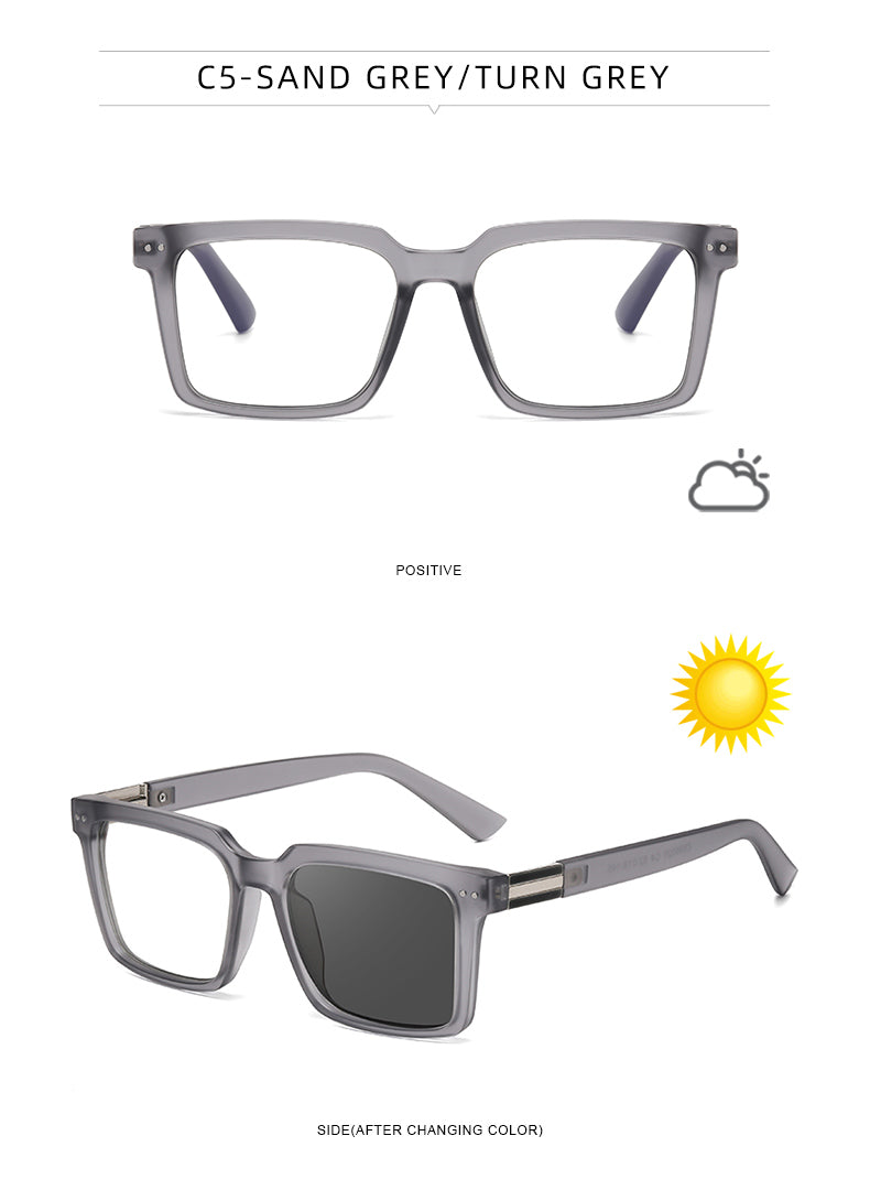 Square Photochromic Spring Hinge Anti Blue Light UV400 Protection Sunglasses