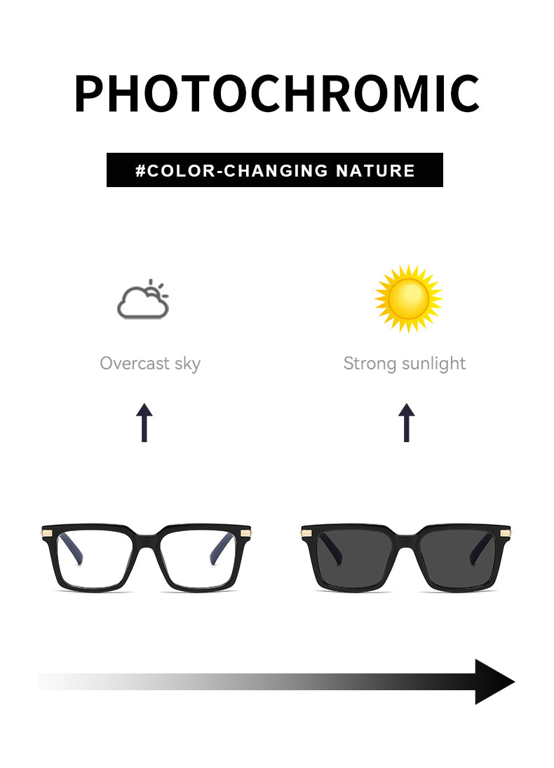 Square Spring Hinge Photochromic Blue Light Blocking UV400 Sunglasses