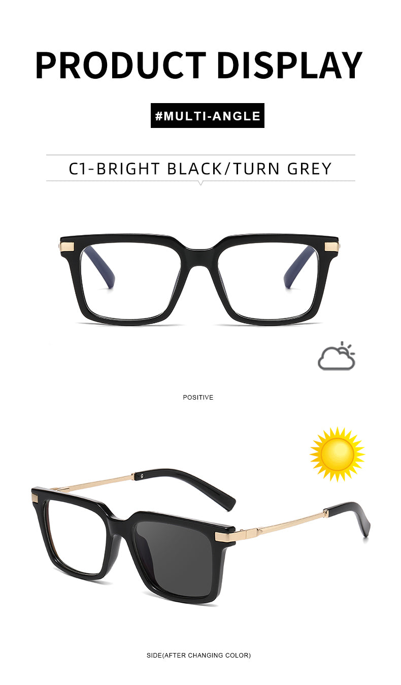 Square Spring Hinge Photochromic Blue Light Blocking UV400 Sunglasses