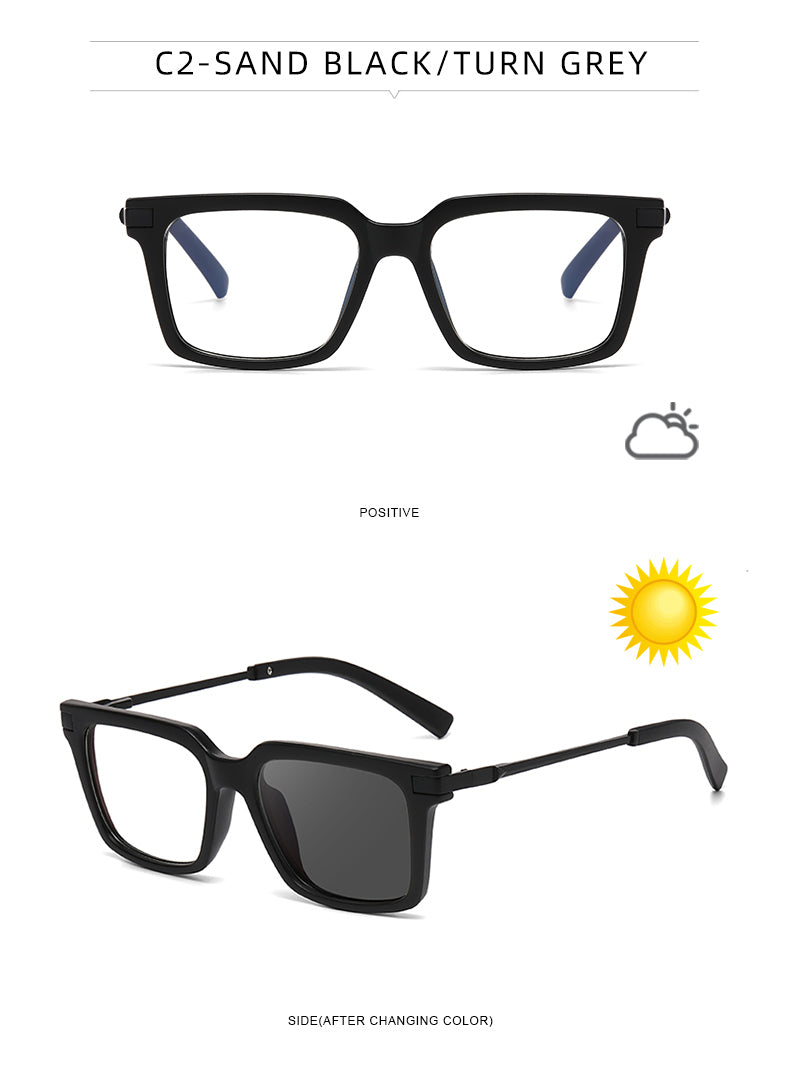 Square Spring Hinge Photochromic Blue Light Blocking UV400 Sunglasses
