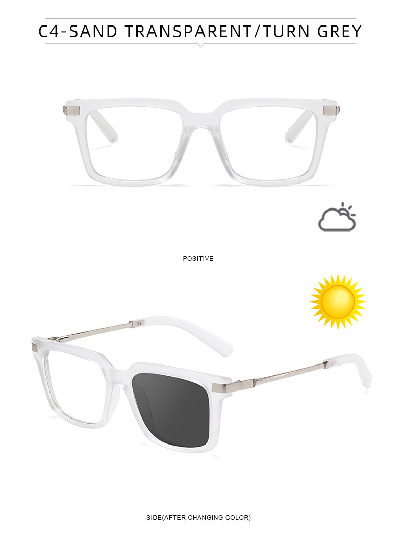 Square Spring Hinge Photochromic Blue Light Blocking UV400 Sunglasses