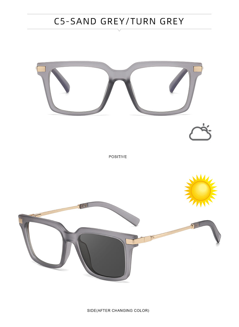 Square Spring Hinge Photochromic Blue Light Blocking UV400 Sunglasses